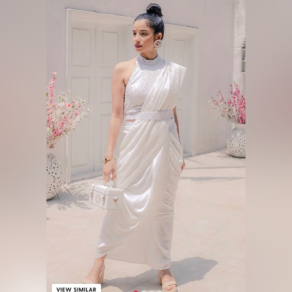 White Georgette dhoti saree set by monk and mei